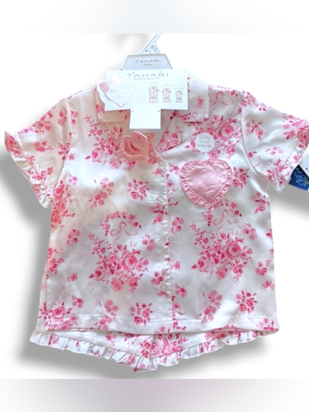 Tahari Girl 2 Pc Pajama Set Size 7/8 M Pink Satin Floral Ruffle Sleepwear NWT